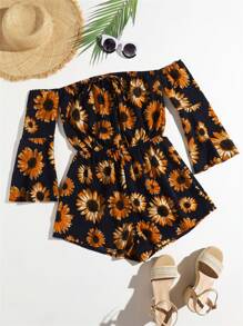 SHEIN VCAY Allover Sunflower Print Knot Bardot Romper - Multicolor - View 1