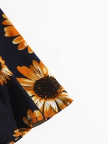 SHEIN VCAY Allover Sunflower Print Knot Bardot Romper - Multicolor - View 4