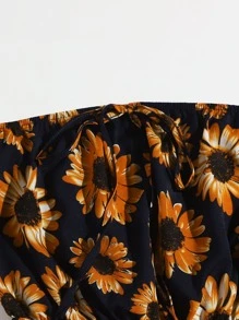 SHEIN VCAY Allover Sunflower Print Knot Bardot Romper - Multicolor - View 5