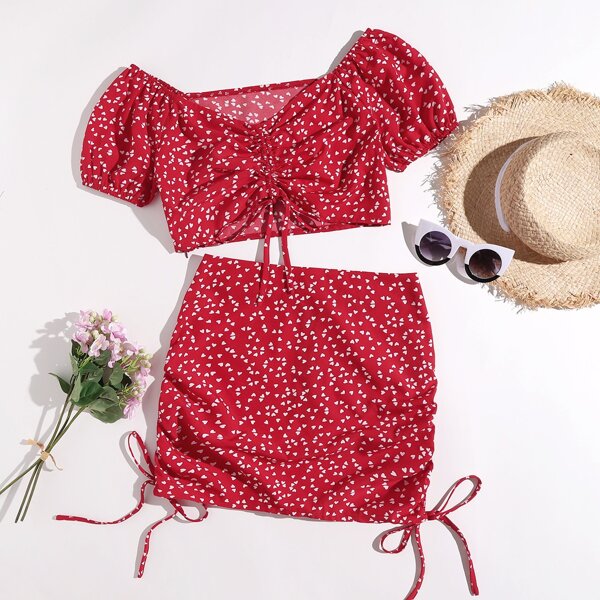 

Allover Heart Drawstring Front Top With Skirt, Red