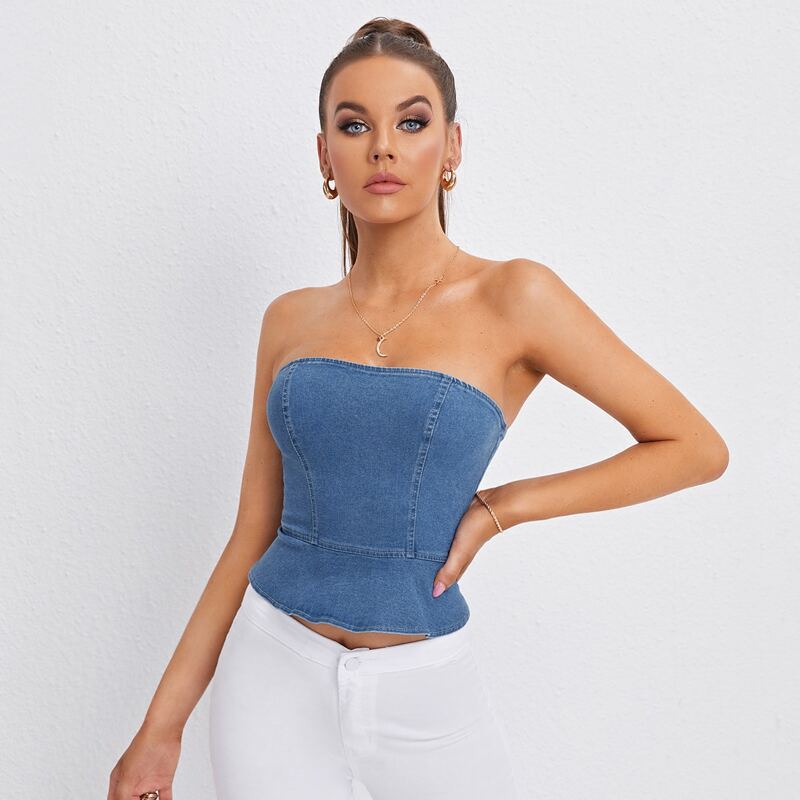 

Zipper Back Denim Tube Top, Medium wash