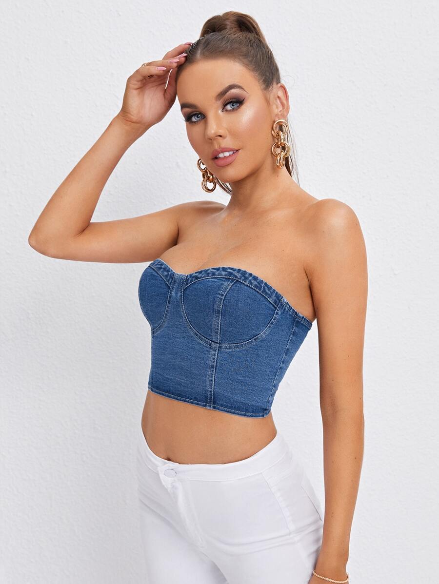 Top corto mezclilla bustier - Azul lavado medio - Ver 1