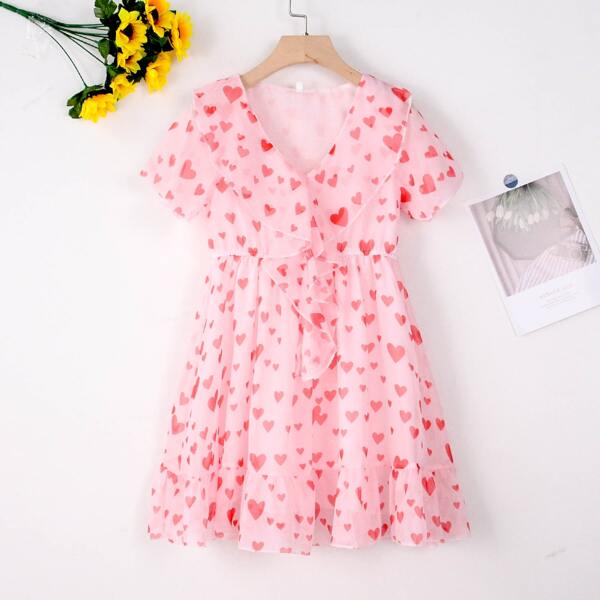 

Girls Allover Heart Ruffle Chiffon Dress, Baby pink