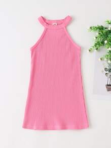 Vestido halter tejido de canalé unicolor - Rosa - Ver 1