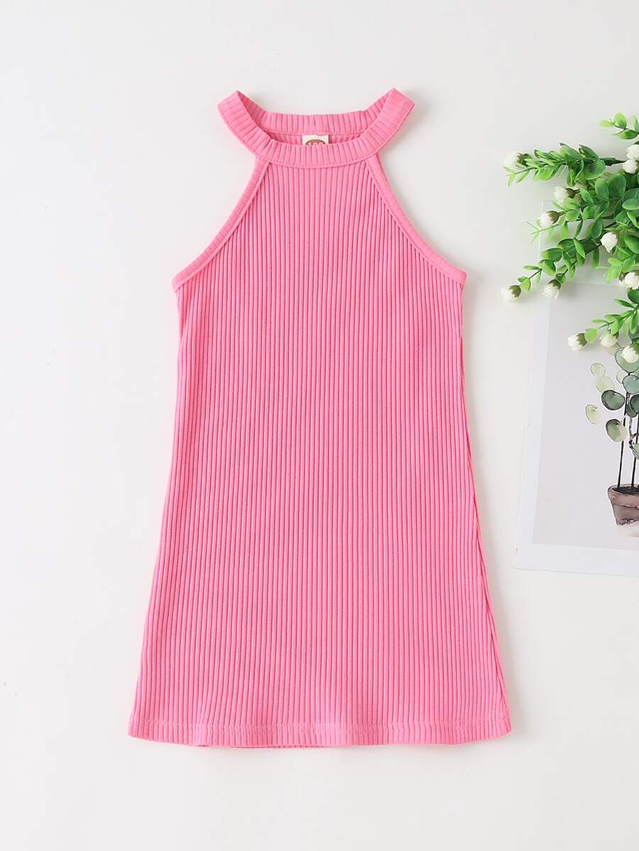 Vestido halter tejido de canalé unicolor - Rosa - Ver 1