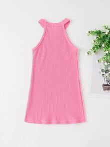 Vestido halter tejido de canalé unicolor - Rosa - Ver 2