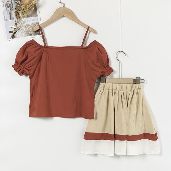 

Girls Cold Shoulder Top With Skirt, Multicolor