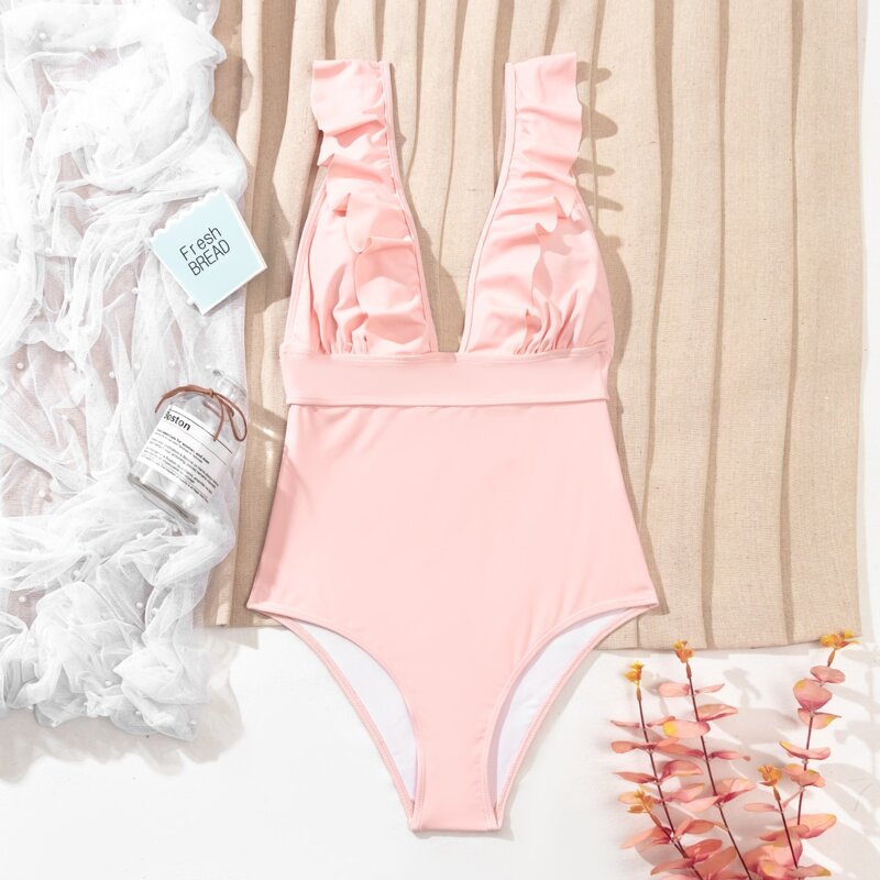 

Ruffle Trim One Piece Swimsuit, Baby pink