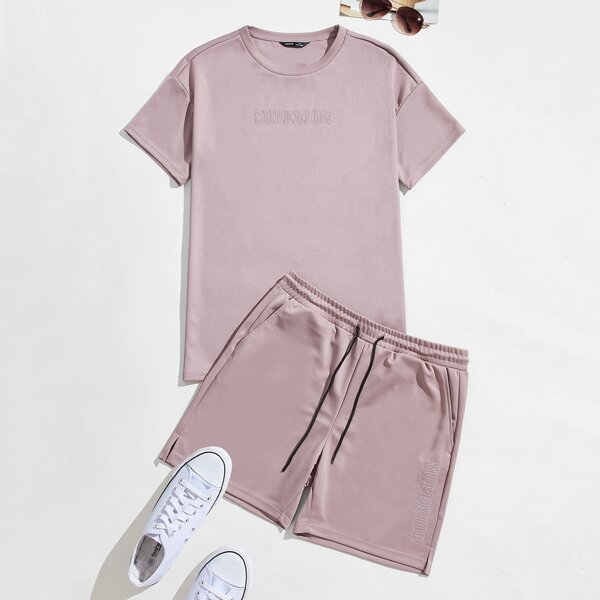 

Men Letter Embroidered Tee & Track Shorts PJ Set, Dusty pink