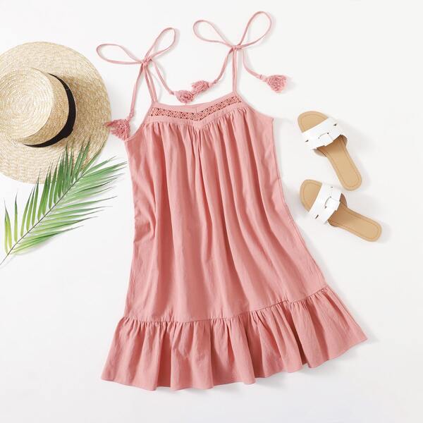 

Tassel Knot Shoulder Lace Insert Ruffle Hem Slip Dress, Dusty pink
