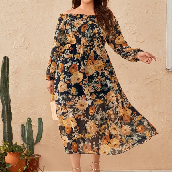 

Plus Floral Print Shirred A-line Dress, Multicolor