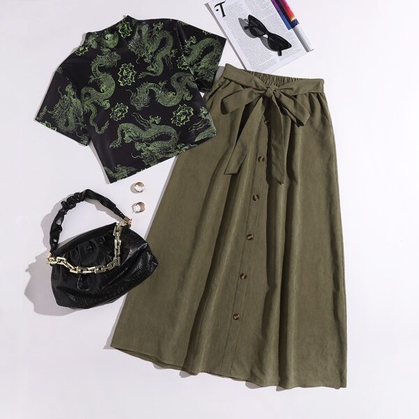 

Floral And Chinese Dragon Print Top & Skirt Set, Green