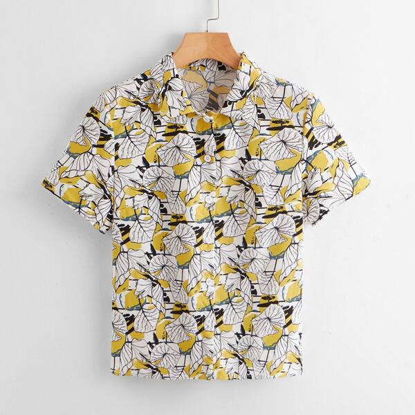 

Leaf Print Button Up Blouse, Multicolor