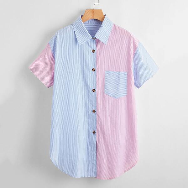

Two Tone Striped Button Up Longline Blouse, Multicolor