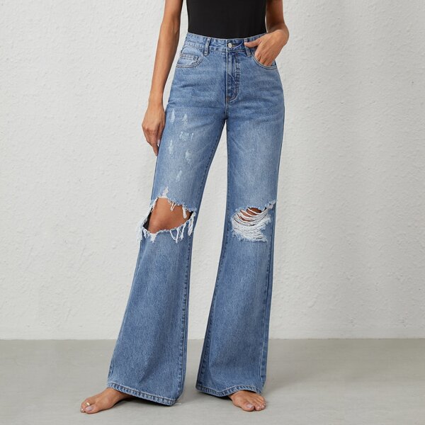 

High Waist Ripped Flare Leg Jeans, Medium wash