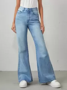 Jeans de pierna ancha con bolsillo de cintura alta - Lavado ligero - Ver 1