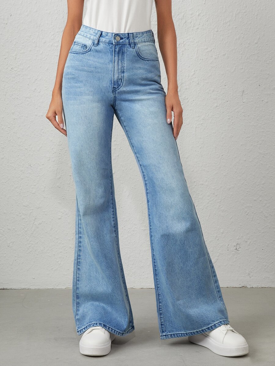 Jeans de pierna ancha con bolsillo de cintura alta - Lavado ligero - Ver 1
