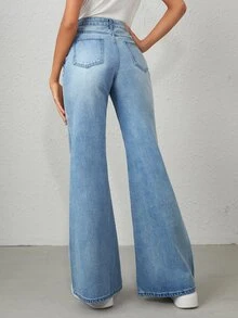 Jeans de pierna ancha con bolsillo de cintura alta - Lavado ligero - Ver 2