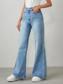 Jeans de pierna ancha con bolsillo de cintura alta - Lavado ligero - Ver 3