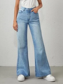Jeans de pierna ancha con bolsillo de cintura alta - Lavado ligero - Ver 4