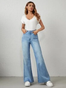 Jeans de pierna ancha con bolsillo de cintura alta - Lavado ligero - Ver 5
