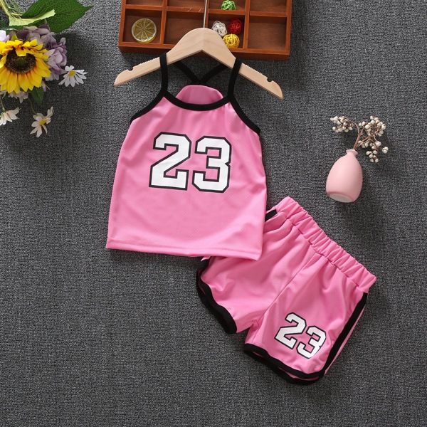 

Toddler Girls Number Graphic Cami Top With Dolphin Shorts, Pink