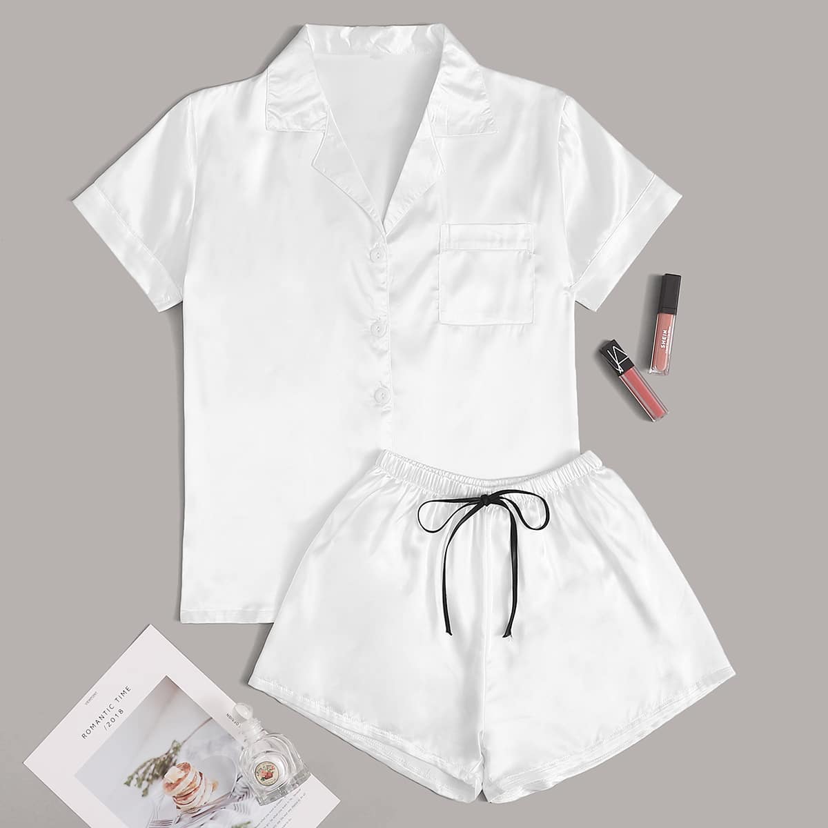 

Satin Lapel Collar Button Front Night Set, White