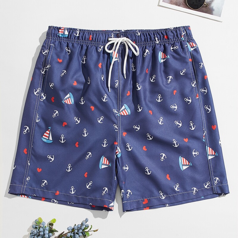 

Guys Anchor Print Drawstring Waist Swim Trunks, Navy blue