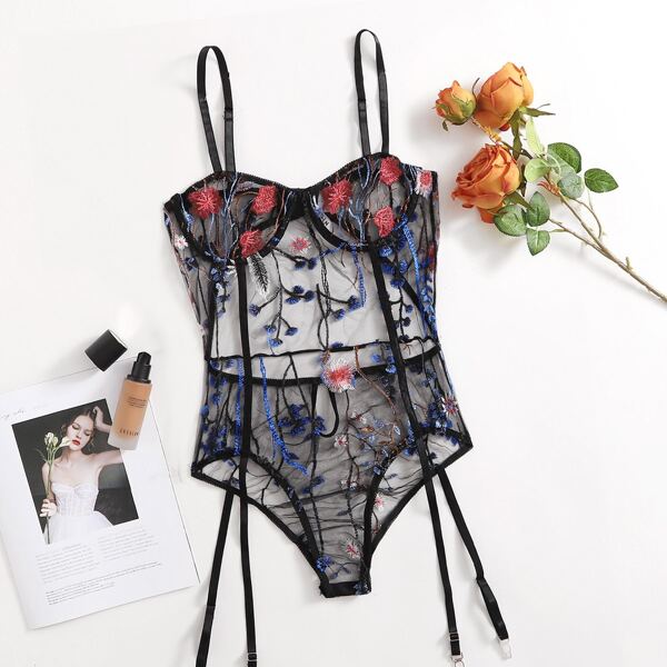 

Embroidered Mesh Underwire Garter Teddy Bodysuit, Black