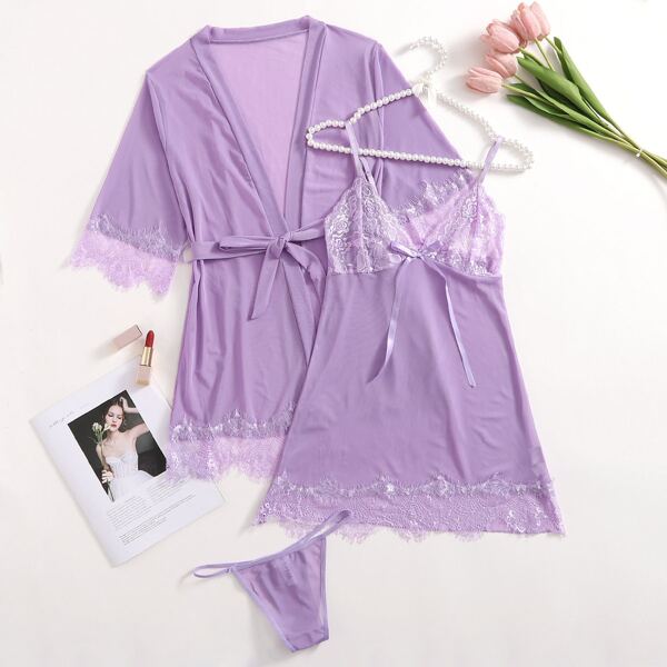 

Contrast Lace Mesh Slips With Thong & Belted Robe, Lilac purple