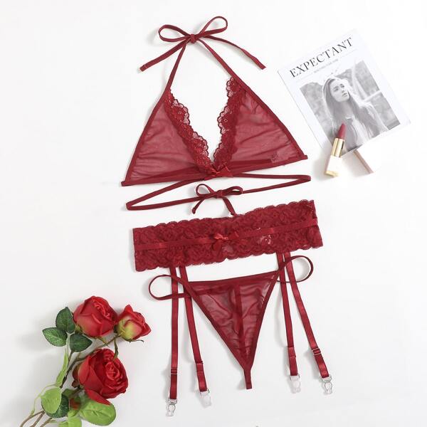 

Lace Trim Mesh Garter Lingerie Set, Burgundy