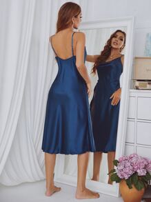 Đầm ngủ Tương phản ren màu trơn Gợi cảm - Màu xanh lam - Xem 2