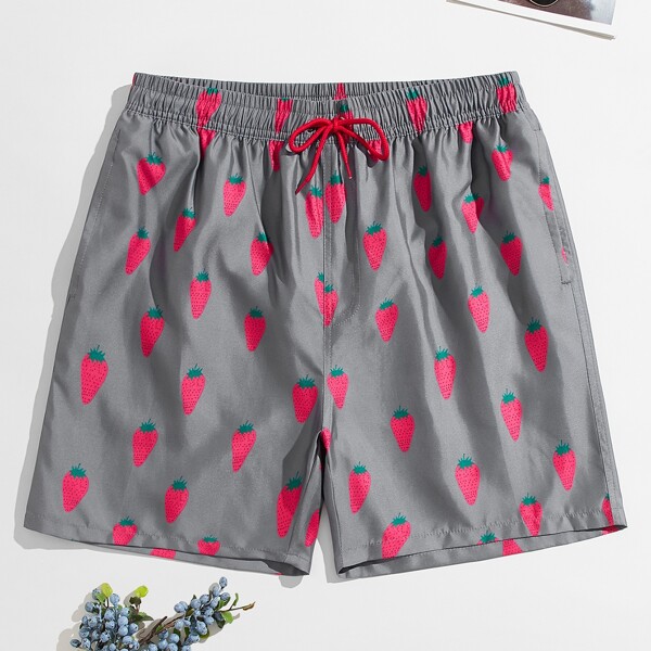 

Men Strawberry Print Drawstring Waist Swim Trunks, Grey