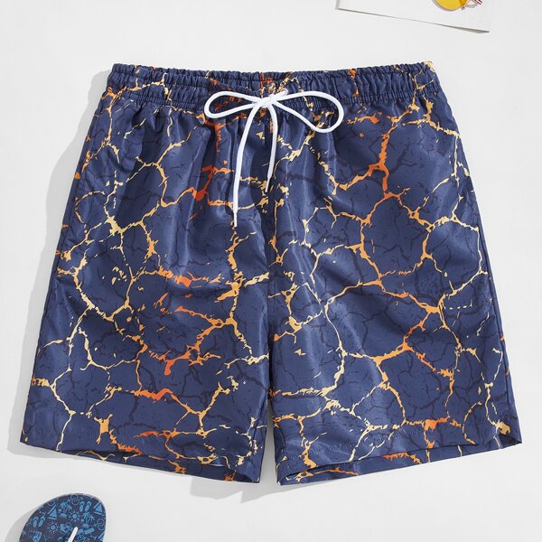 

Men Marble Print Drawstring Waist Swim Trunks, Navy blue