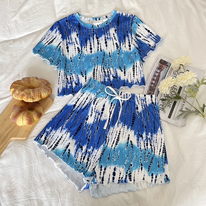 

Tie Dye Lettuce Trim PJ Set, Blue and white