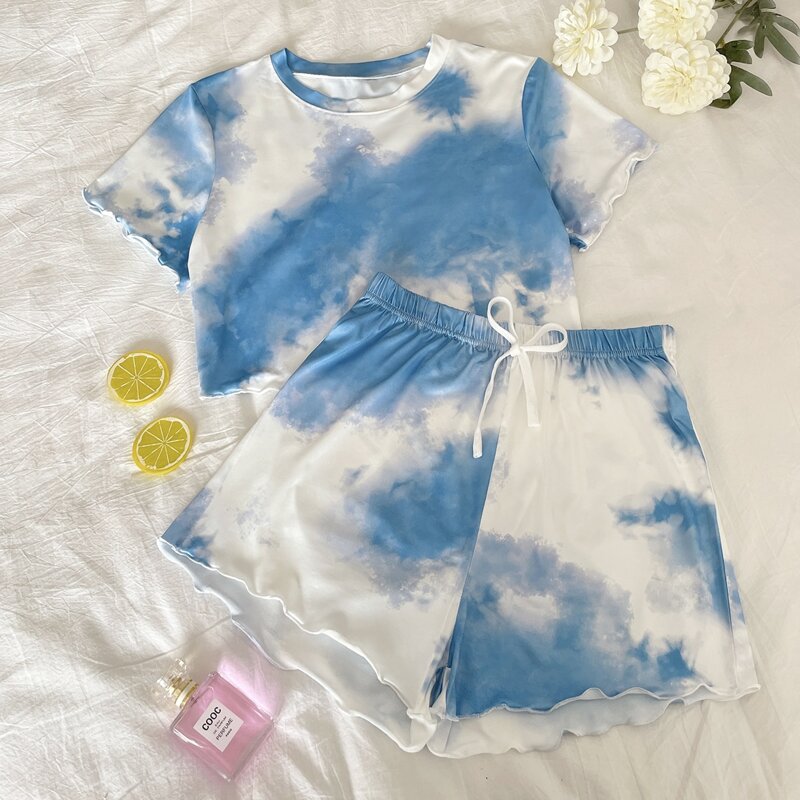 

Tie Dye Lettuce Trim PJ Set, Blue and white