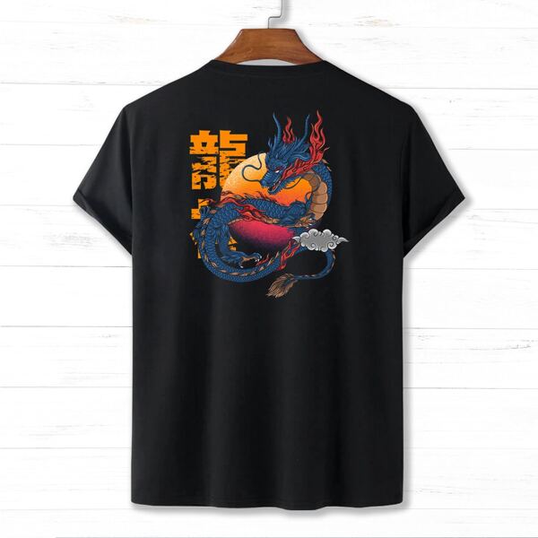

Men Chinese Dragon And Letter Graphic Tee, Black
