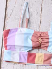 SHEIN Swim Summer Beach Colorblock Bikini Set Ruched Cut Out Bikini Top & Scallop Trim Hipster 2 Piece Bathing Suit - Multicolor - View 6