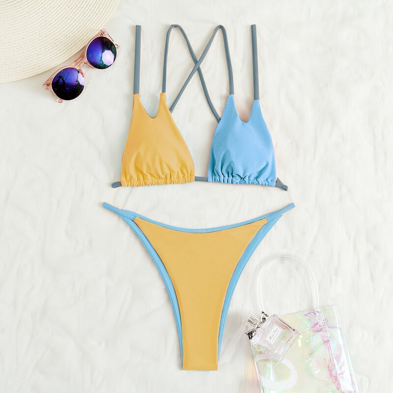 

Color Block Triangle Thong Bikini Swimsuit, Multicolor