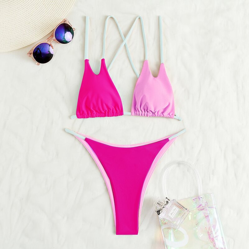 

Color Block Triangle Thong Bikini Swimsuit, Pink