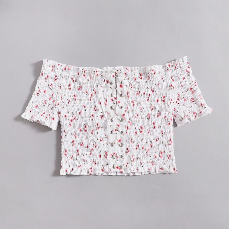 

Ditsy Floral Lace Up Shirred Crop Top, Multicolor