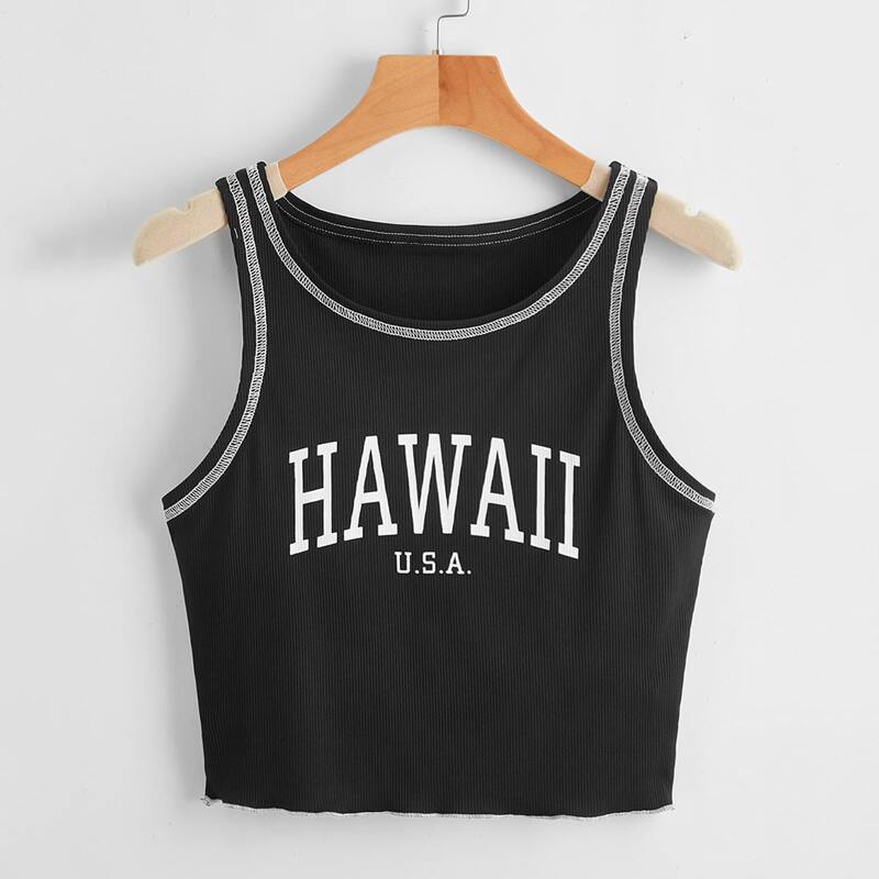

Contrast Stitch Trim Letter Ribbed Tank Top, Black