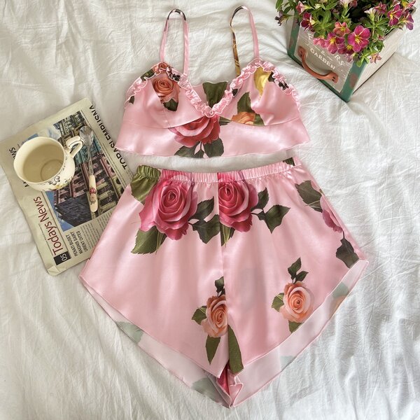 

Floral Frill Trimed Satin Night Set, Multicolor