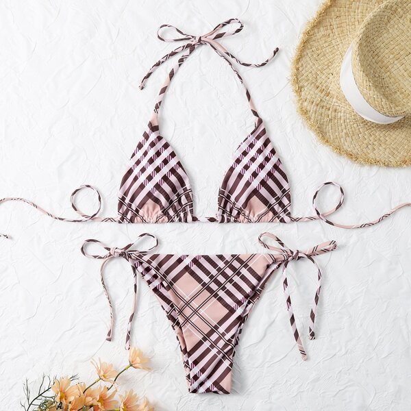 

Plaid Triangle Tie Side Bikini Swimsuit, Multicolor