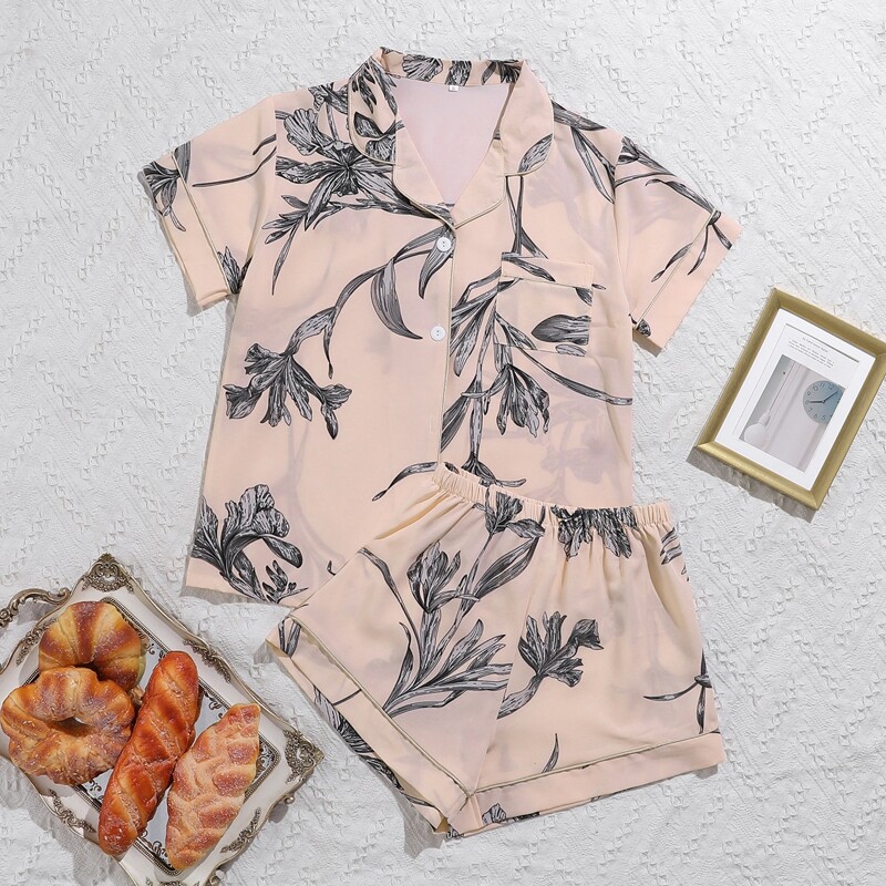 

Plants Print Lapel Collar Night Set, Baby pink