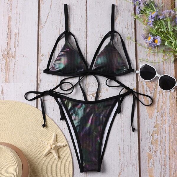 

Allover Graphic Metallic Triangle Bikini Swimsuit, Black