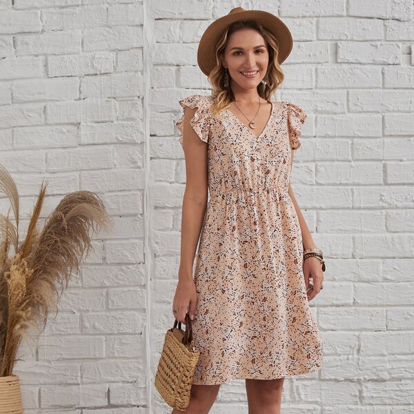 

Ditsy Floral Ruffle Trim Half Button A-line Dress, Baby pink