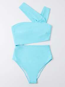 Cut-Out Waist One Piece Swimsuit, For Summer Beach Vacation - Blue - View 3