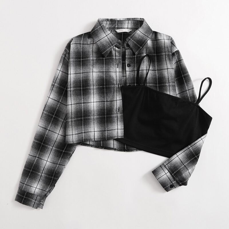 

Solid Crop Cami & Plaid Button Front Blouse, Black and white