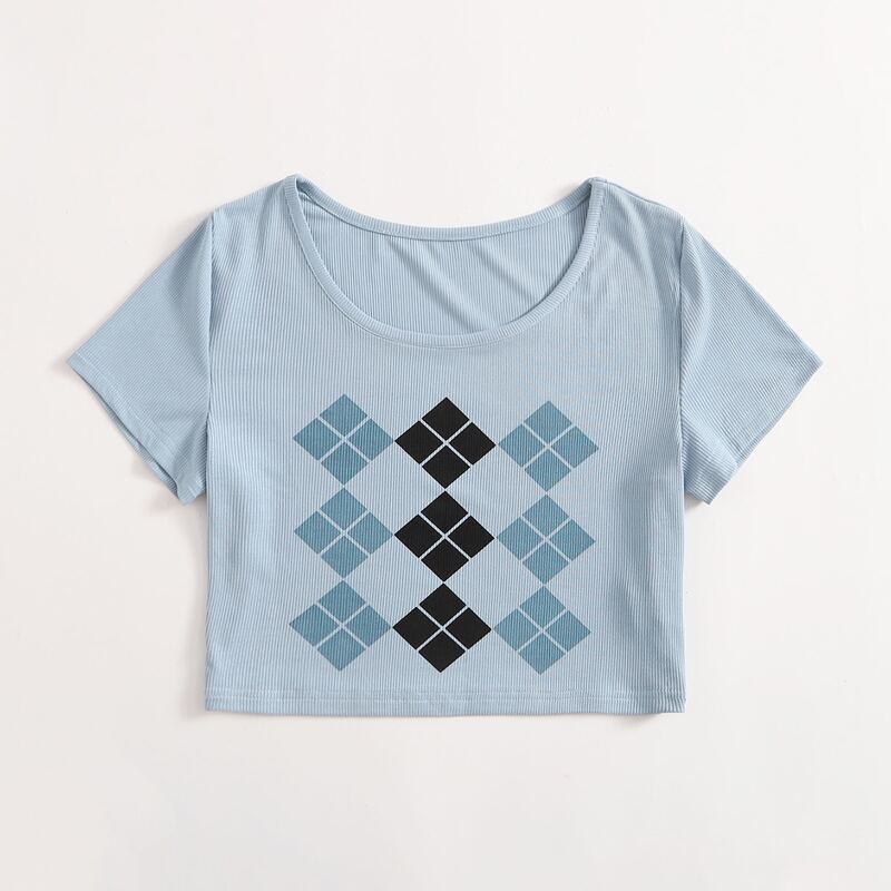 

Argyle Pattern Ribbed Crop Tee, Blue